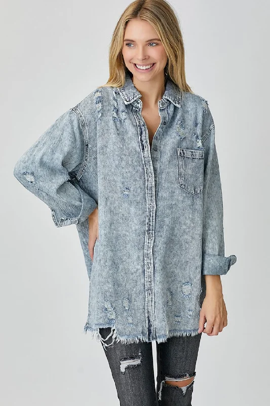RISEN Distressed Raw Hem Denim Shirt Practical Women's Quick - dry