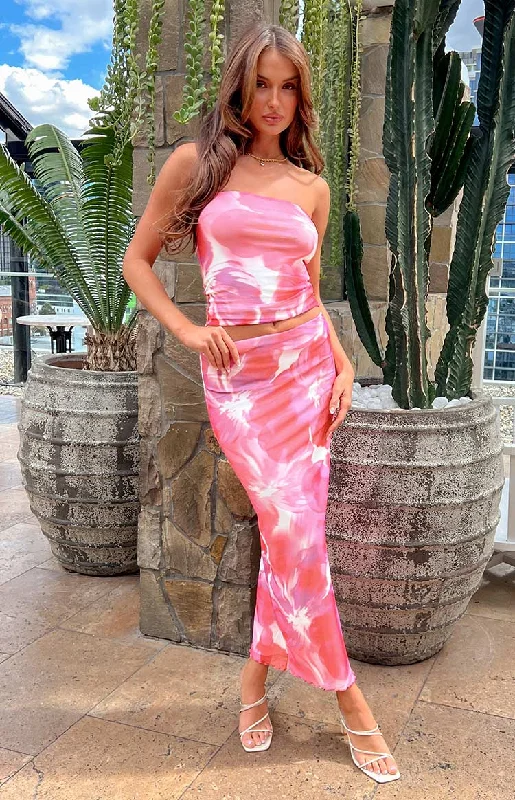 When In Rome Pink Floral Print Mesh Maxi Skirt Disco