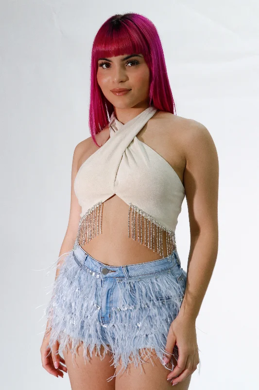 fringe trim rainstoens crop top beige Earthy Women's 