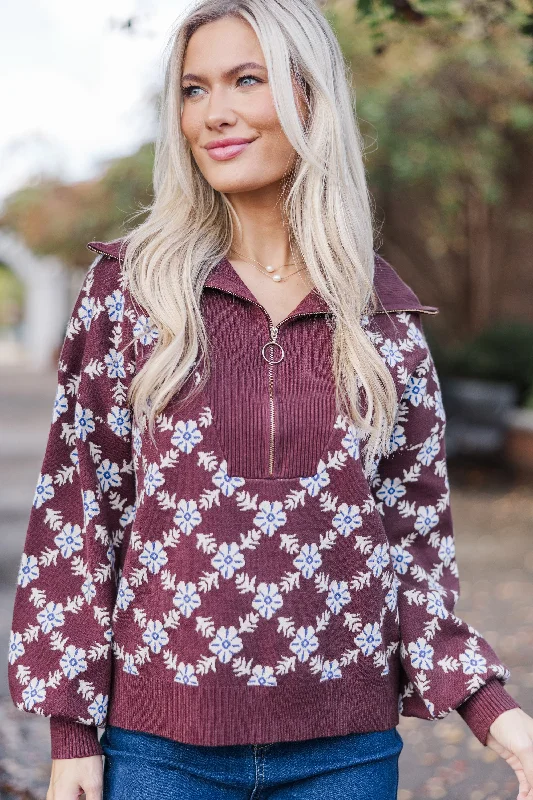 Stay Together Brown Floral Half Zip Sweater Elegant Women's Formal 