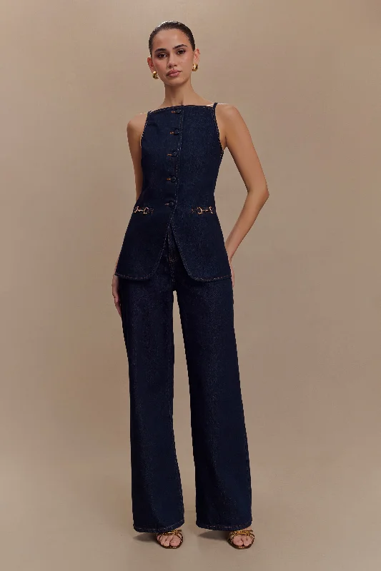Ashton Sleeveless Button Denim Top - Indigo Blue Dynamic Women's Moto