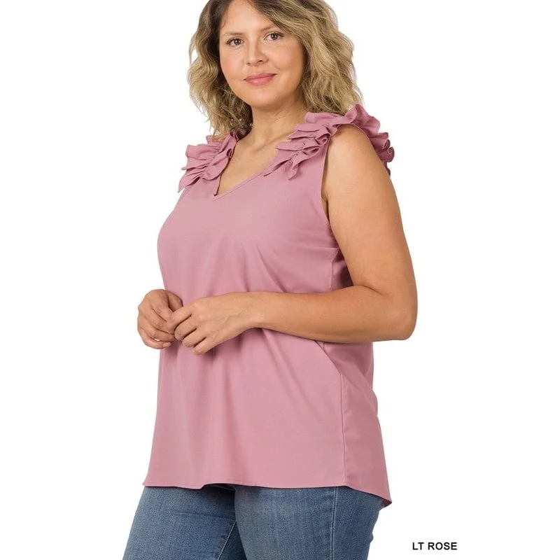 Plus Woven Wool Dobby Ruffle Trim Sleeveless Top Sharp Women's Italian