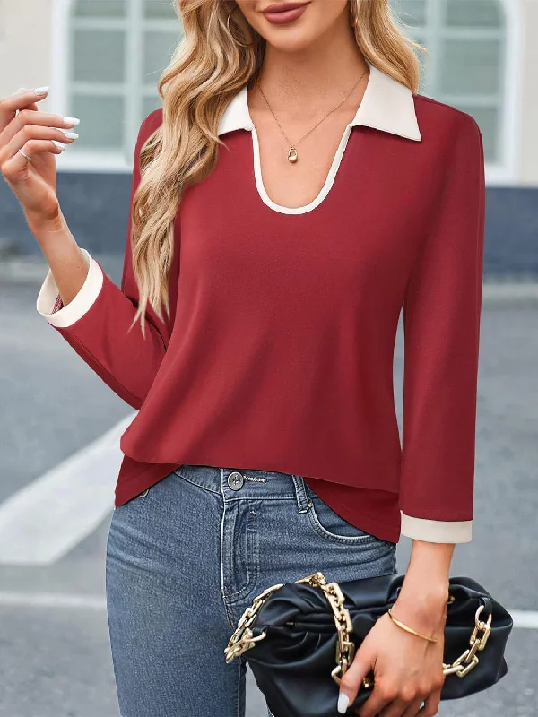 Contrast Collared Neck Long Sleeve Top Elegant Women's Formal 