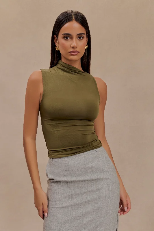 Hadleigh Sleeveless Slinky Top - Dark Olive Cozy Women's Winter