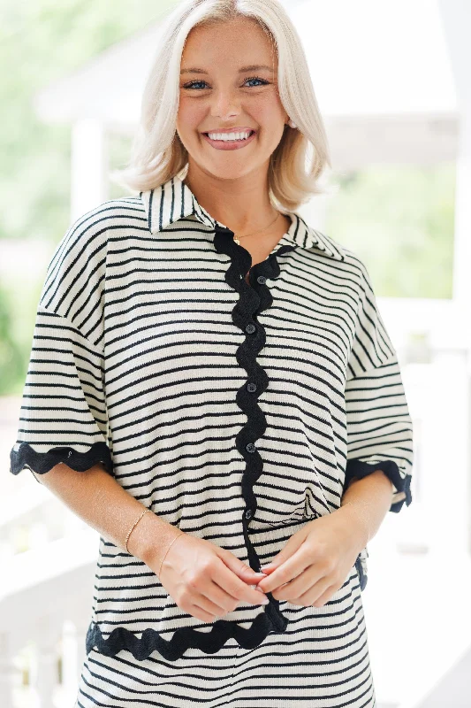 Getting Closer Cream White Striped Blouse Sleek Women's 
