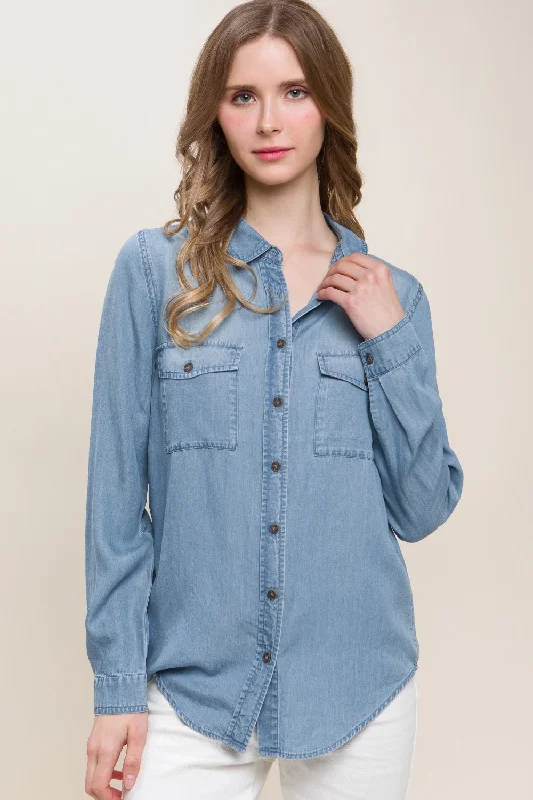 Scooped Hem Button Up Denim Shirt Cashmere