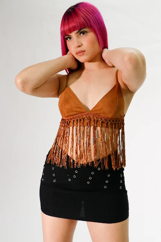 brown  fringe trim bralette top Traditional Women's 