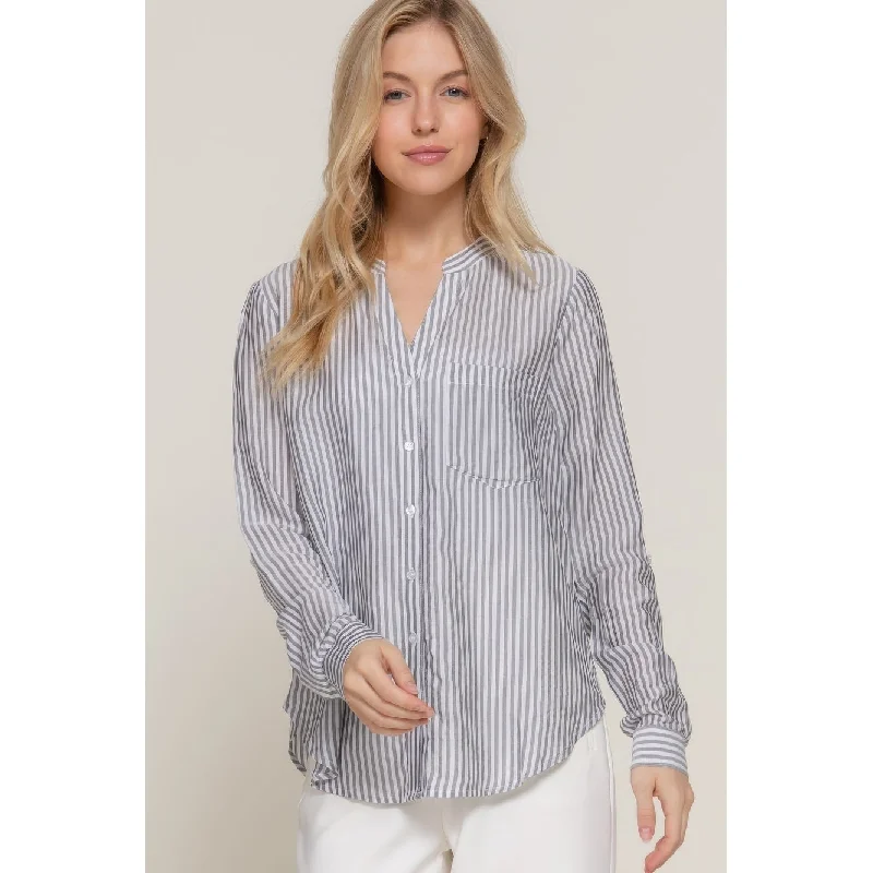 Long Slv Split Round Neck Stripe Woven Shirt Feminine Women's Soft 
